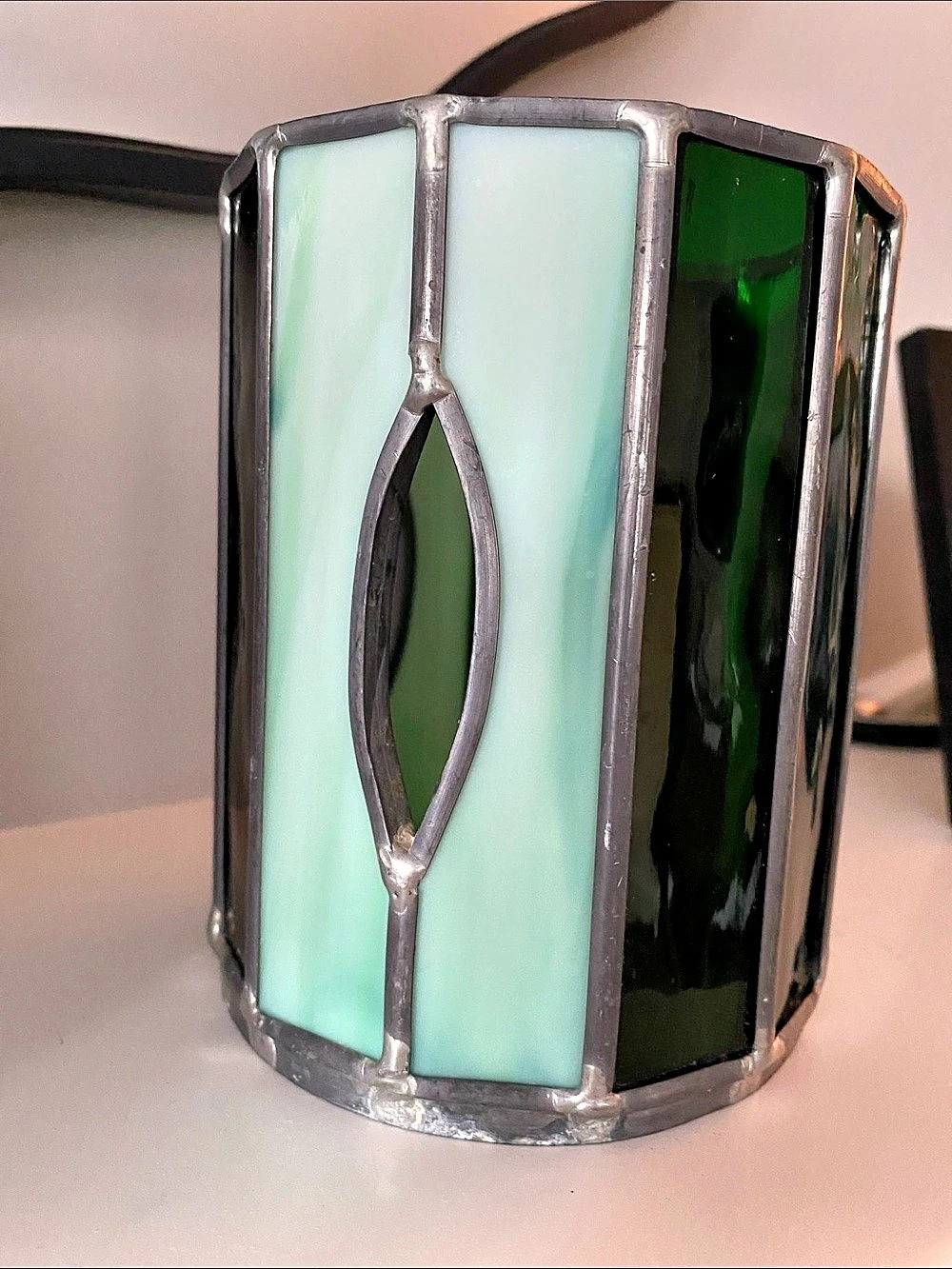 Stained Glass Candle Lamp in Green & White Green Milk Glass